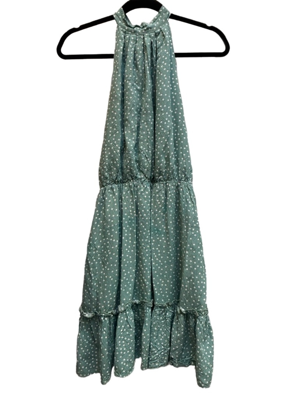 BTFBM Green Polka Dot Halter Dress Tiered Mini Sage Green dress size small 🌱 NWT - Picture 2 of 10